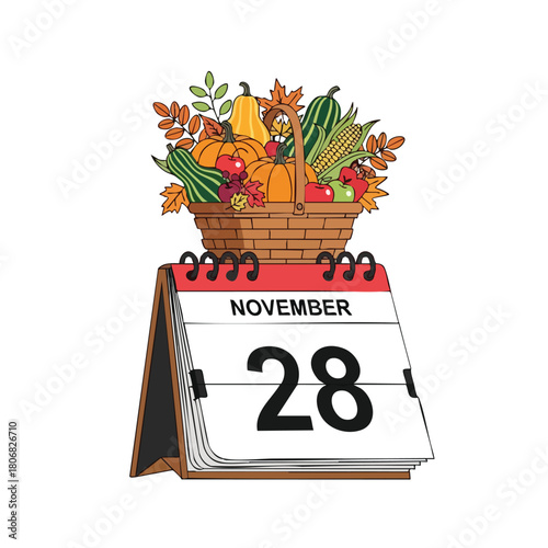 Festive November Harvest: A Calendar Displaying Thanksgiving with Autumn Bounty Art 50-100 characters.