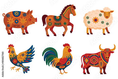 Foto Colorful rooster birds collection, decorative folk patterns, crowing cockerels,