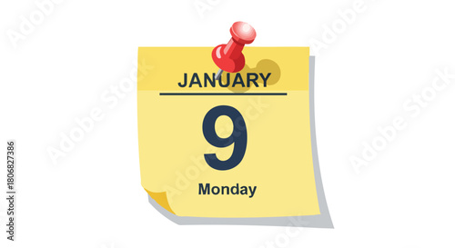 January ninth marked on calendar with a red pushpin indicating date reminder and scheduling on the white surface background visual