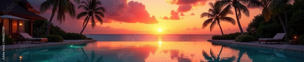 Fototapeta premium Hawaiian sunset, palm silhouettes reflected in pristine pool , scene, tropical, serenity