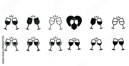 Collection of clinking wine glasses icons in monochrome
