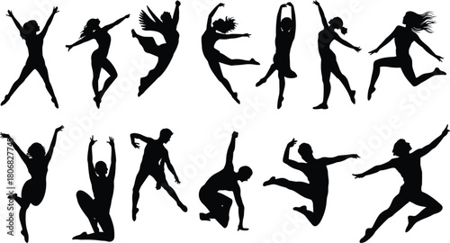 Modern dance and ballet silhouette vector collection, male and female gymnasts jumping and posing in air, dynamic black figures set.