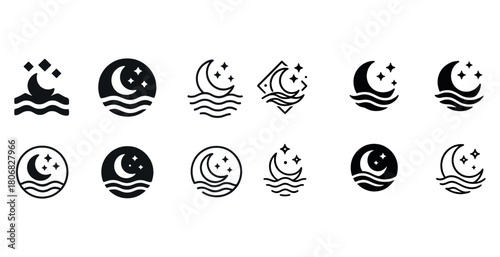 Set of moon and stars icons over waves in circular and geometric designs