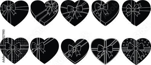 Collection of decorative heart gift box icons with ribbon bows, perfect for Valentine’s Day designs, romantic celebrations, packaging illustrations, and festive graphics.