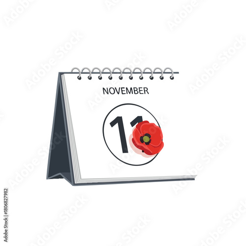 Vector art calendar displaying remembrance day with stylized poppy flower depiction