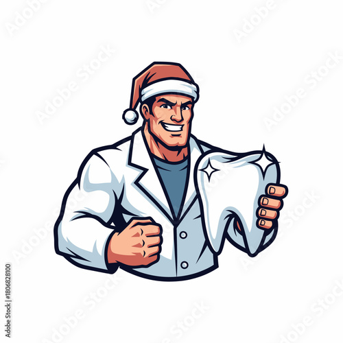 Cartoon dentist holding tooth wearing santa hat christmas dental