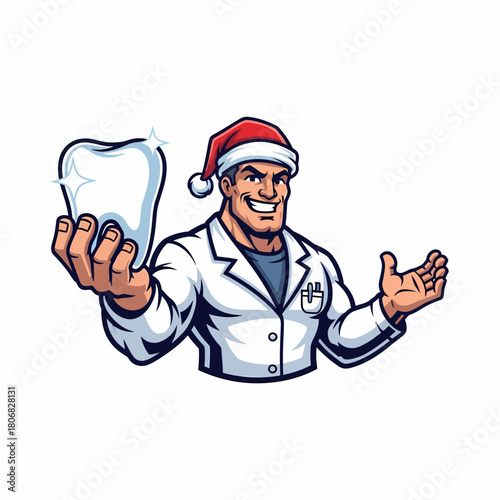 Cartoon dentist holding giant tooth christmas season dental care advertisement