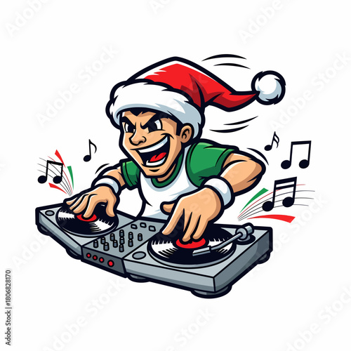 Cartoon DJ Santa mixing music on turntable vector illustration