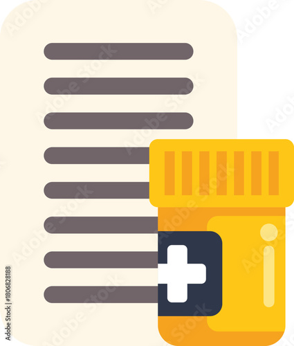 Medical icon of a prescription bottle with pills and a list of symptoms