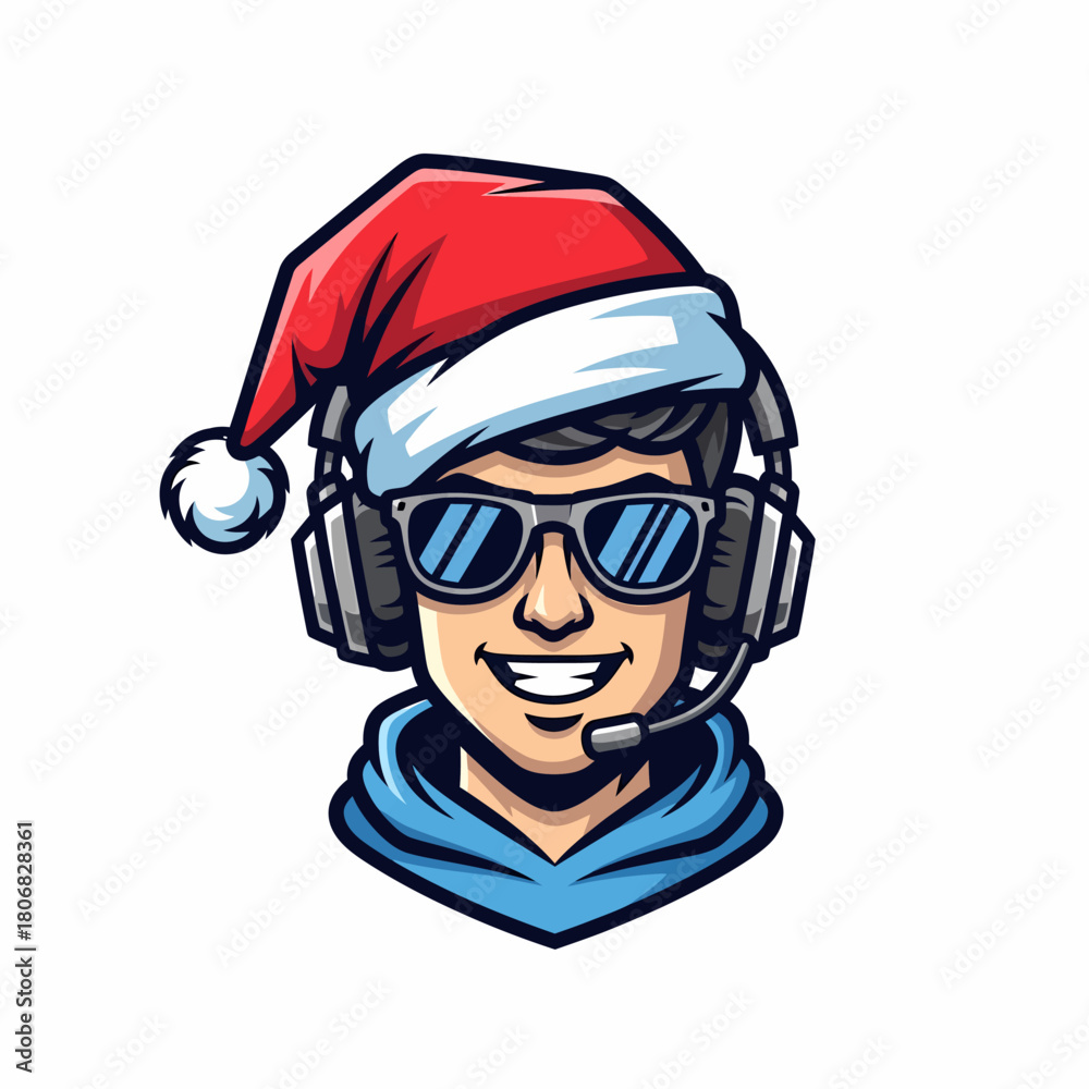 Fototapeta premium Cartoon gamer head wearing santa hat headset sunglasses character logo