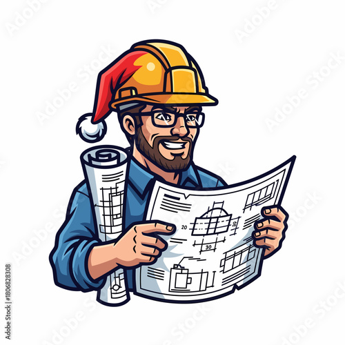 Cartoon engineer character with christmas hat reviewing blueprint design construction