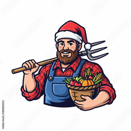 Cartoon farmer christmas santa hat carrying produce and pitchfork character