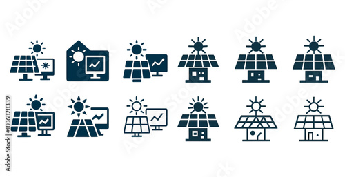 Solar energy icons set: panels, sun, monitor, and house symbols