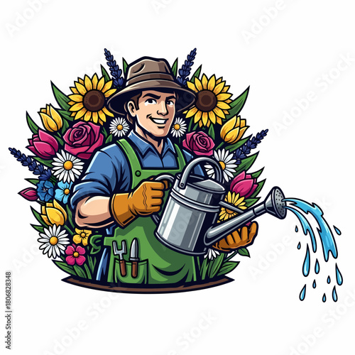 Cartoon gardener character watering plants with watering can and smiling happy