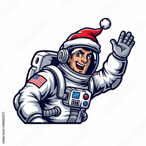 Cartoon illustration astronaut wearing a Santa hat waving hello cheerfully