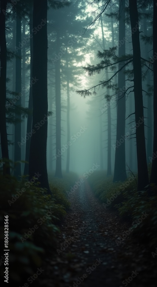 Obraz premium View of a path in a dark forest with fog