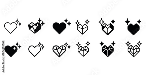 Black and white geometric heart icons with decorative stars