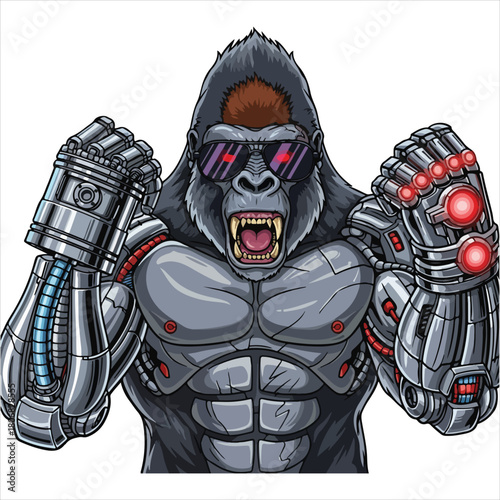 Cartoon gorilla with robotic arms wearing sunglasses, displaying an aggressive stance with clenched fists and an open mouth.