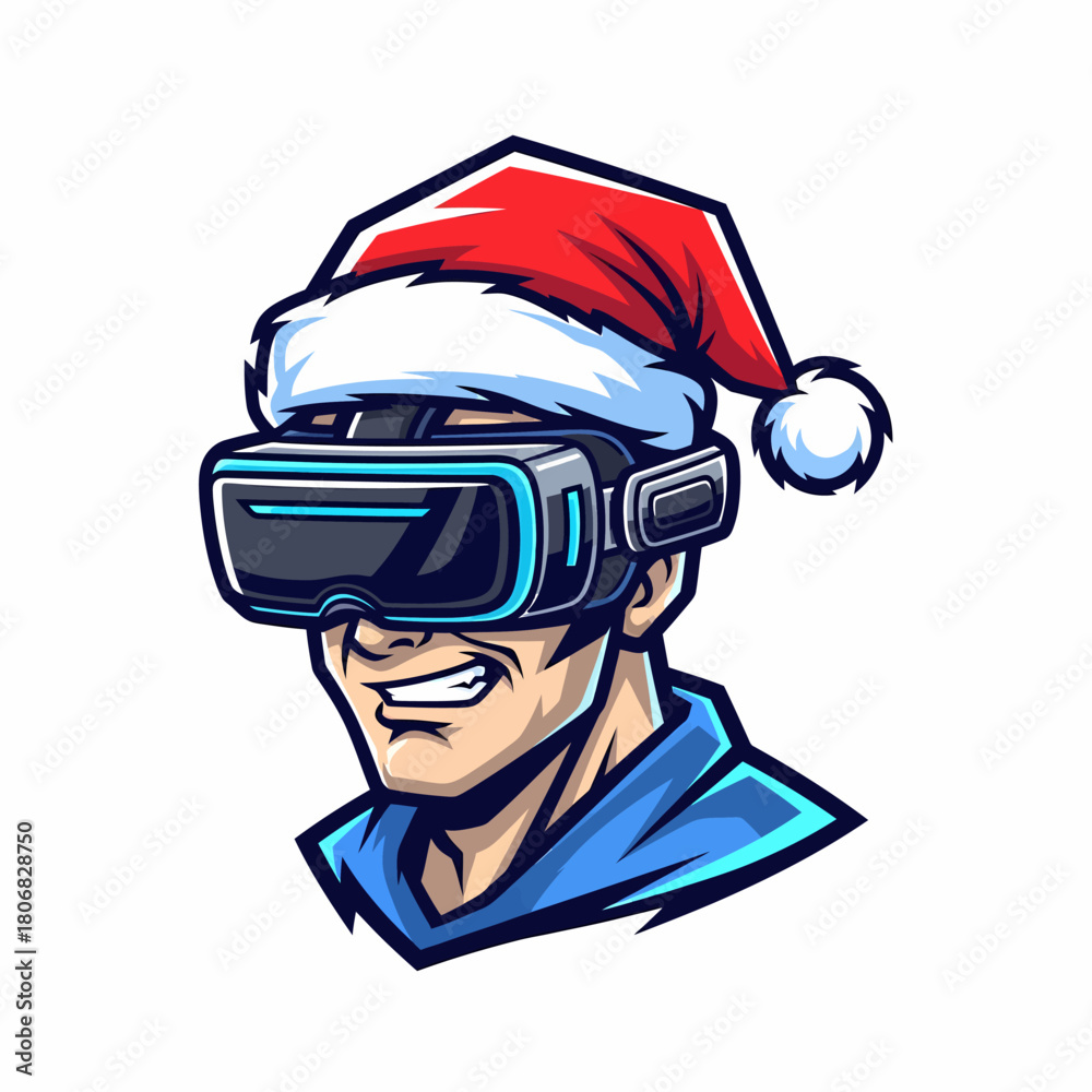 Fototapeta premium Cartoon man wearing virtual reality headset and santa hat illustration