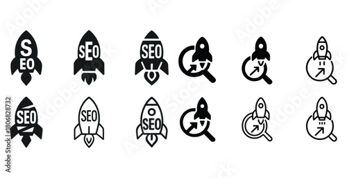 Seo rocket icons set: boosting search engine optimization with creative designs