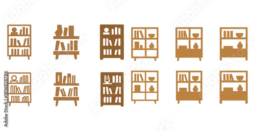 Set of minimalist wooden bookshelf icons with various designs and arrangements