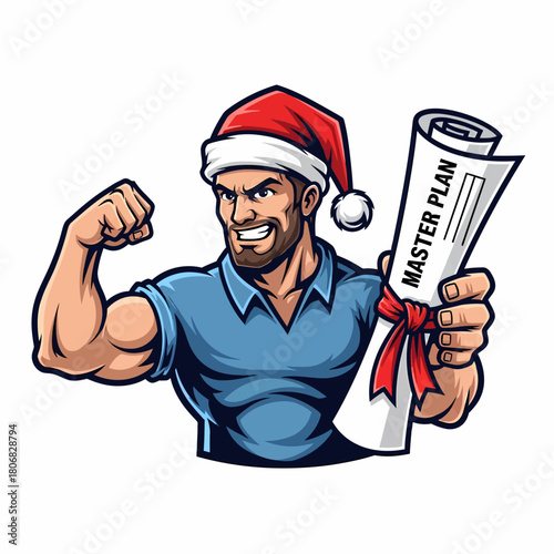 Cartoon muscular man flexing with a master plan scroll wearing Santa hat
