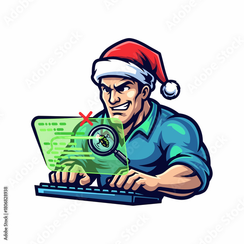 Cartoon Santa cyber security expert hunts a bug on computer screen