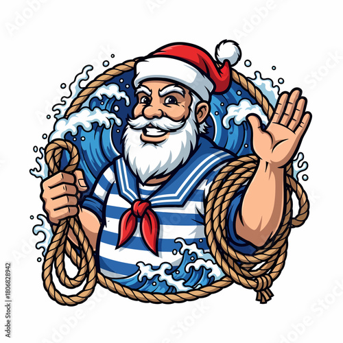 Cartoon Santa Claus sailor waves wearing christmas hat illustration