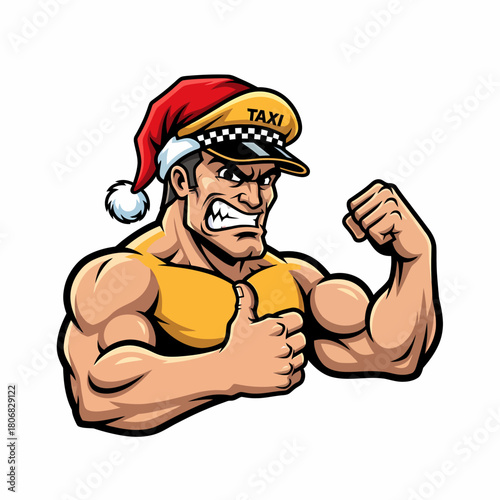 Cartoon vector muscular taxi driver in santa hat flexing biceps