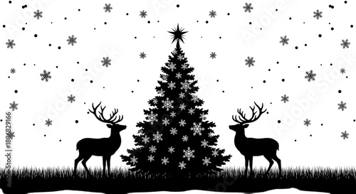 Black Silhouette Christmas Tree Reindeer Snowfall Holiday Greeting Card Design Winter Season Celebration