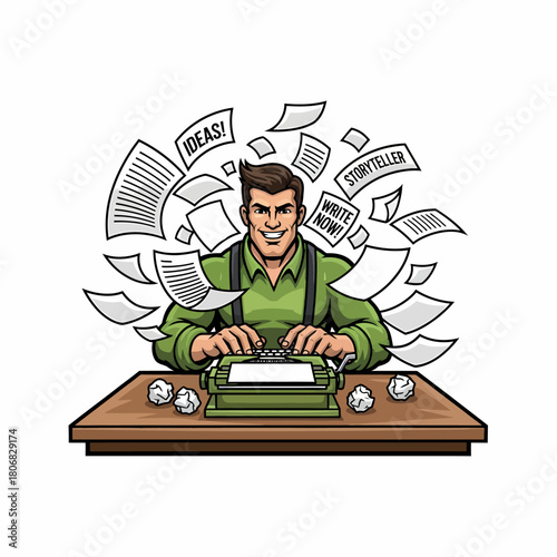 Cartoon writer typing creative ideas on typewriter with crumpled papers around