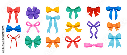 Colorful decorative bows in various shapes and styles. Bright flat style vector illustration. Ideal for gift wrapping designs, festive decor, greeting cards, stickers, packaging, and craft projects.
