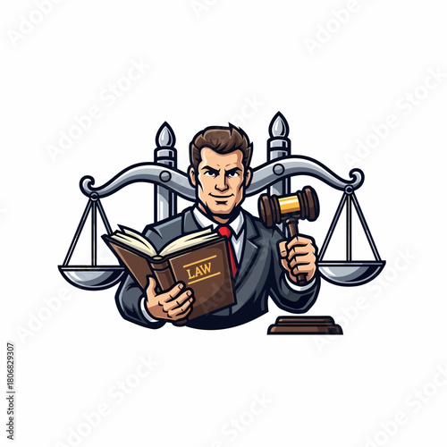 Illustration lawyer reading law book holding gavel justice scale