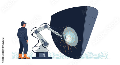 Modern shipbuilding illustration showcasing automation and human oversight together in ship