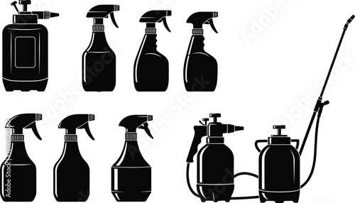 Collection of spray bottles and pressure sprayer silhouettes for cleaning, gardening, chemical storage, household disinfecting, industrial maintenance, and professional sanitation design projects.