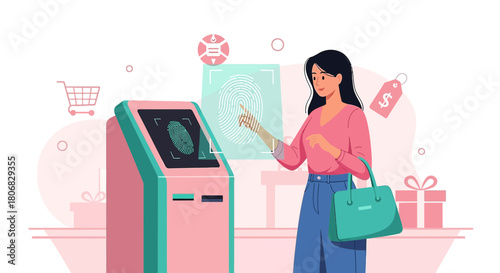 Modern shopping experience with biometric authentication and touch screen interface for secure