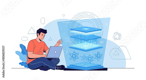 Modern technology concept of a man using a laptop to interact with virtual interfaces for data