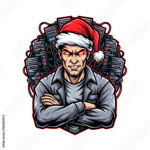 Illustration of a determined server technician in a santa hat