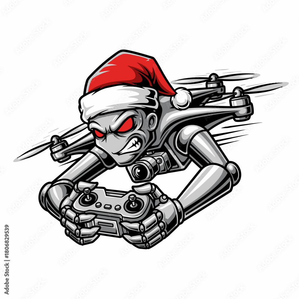 Fototapeta premium Illustration robot drone Santa Claus flying remote control