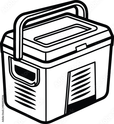 Black and white image of a portable cooler with handle