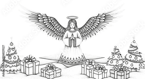 Serene Christmas Angel with Halo and Wings Blessing Holiday Gifts Under Festive Trees