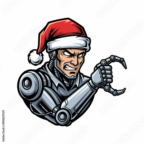 Illustration of robotic figure with santa hat and mechanical claw hand