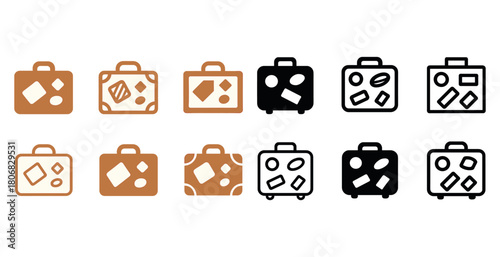 Minimalist icon set of suitcases with travel stickers in black and brown variants
