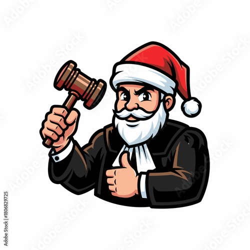 Mascot santa judge cartoon wielding gavel giving a thumbs up gesture
