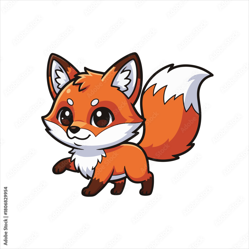 Obraz premium A charming cartoon fox with a fluffy tail and large, expressive eyes walking.