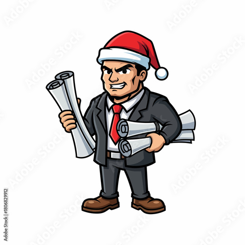 Determined Architect in Santa Hat with Blueprints, Ready for Holiday Season Projects