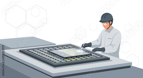 Precision Manufacturing: A Worker Inspecting Microchip Quality Assurance with Diligence and