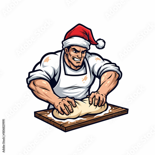 Muscular baker in Santa hat intensely kneading dough for holiday treats, showcasing strength and festive spirit with dedication