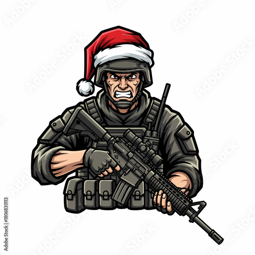 Armed Soldier in Santa Hat Holiday Combat or Festive Military Theme