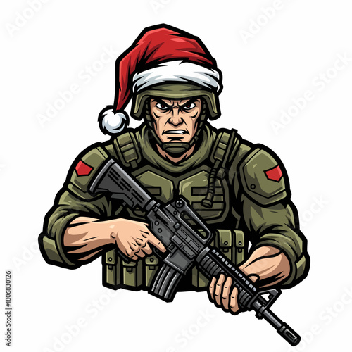 Festive tactical soldier character in a Santa hat holding an assault weapon